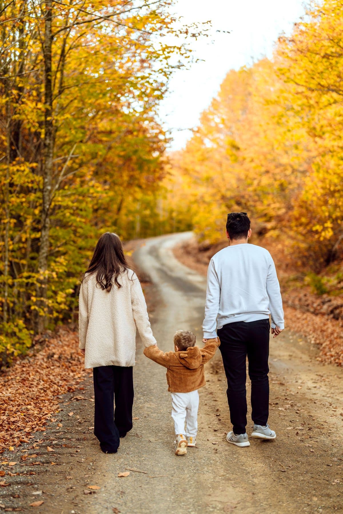Parents walking hand in hand with their toddler down a road lined with golden autumn trees